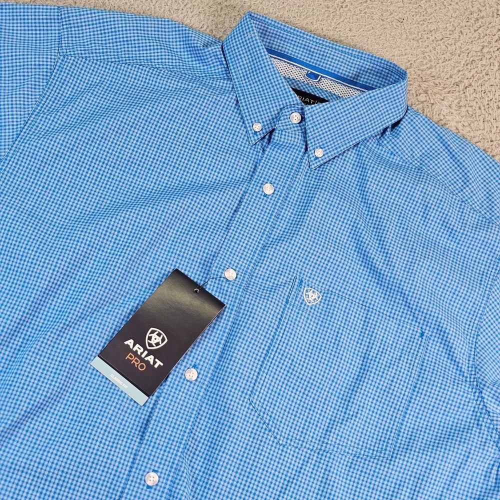 Ariat Pro Bison Shirt Mens XL Blue Check Short Sleeve Classic Fit Button Down